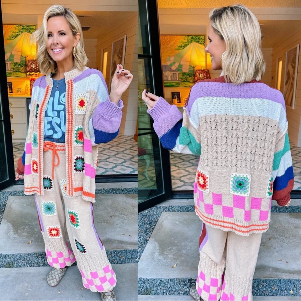 PSS1–Multicolor Crochet Patchwork Knit Cardigan S… - image 1